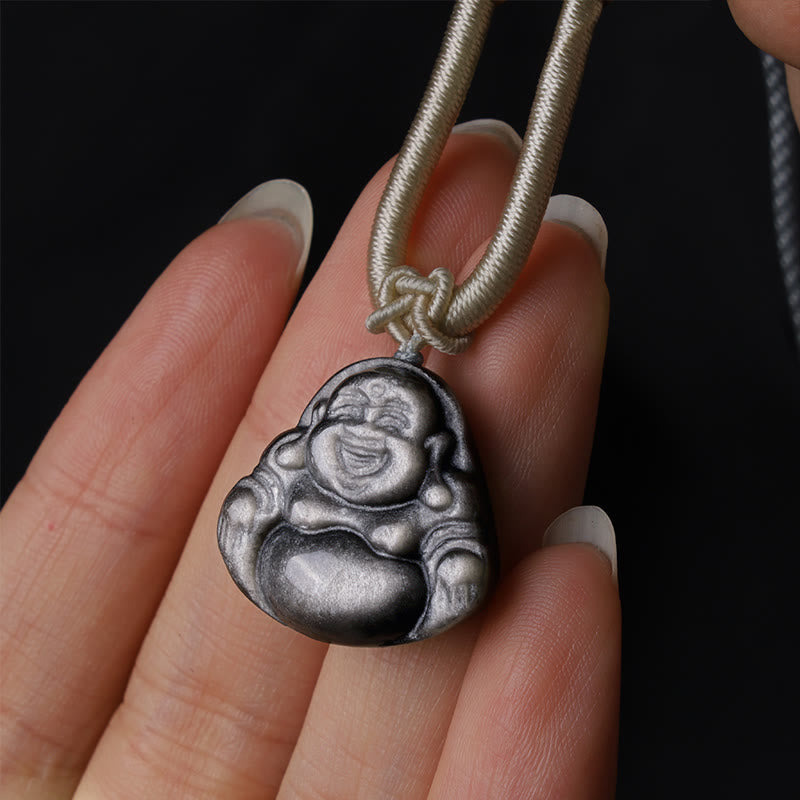 Silver Sheen Obsidian Protection Necklace with Laughing Buddha