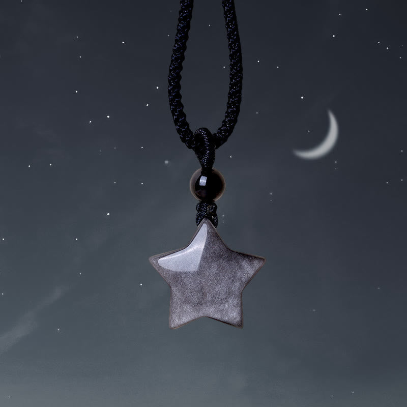 Silver Sheen Obsidian Protection Necklace with Star & Moon