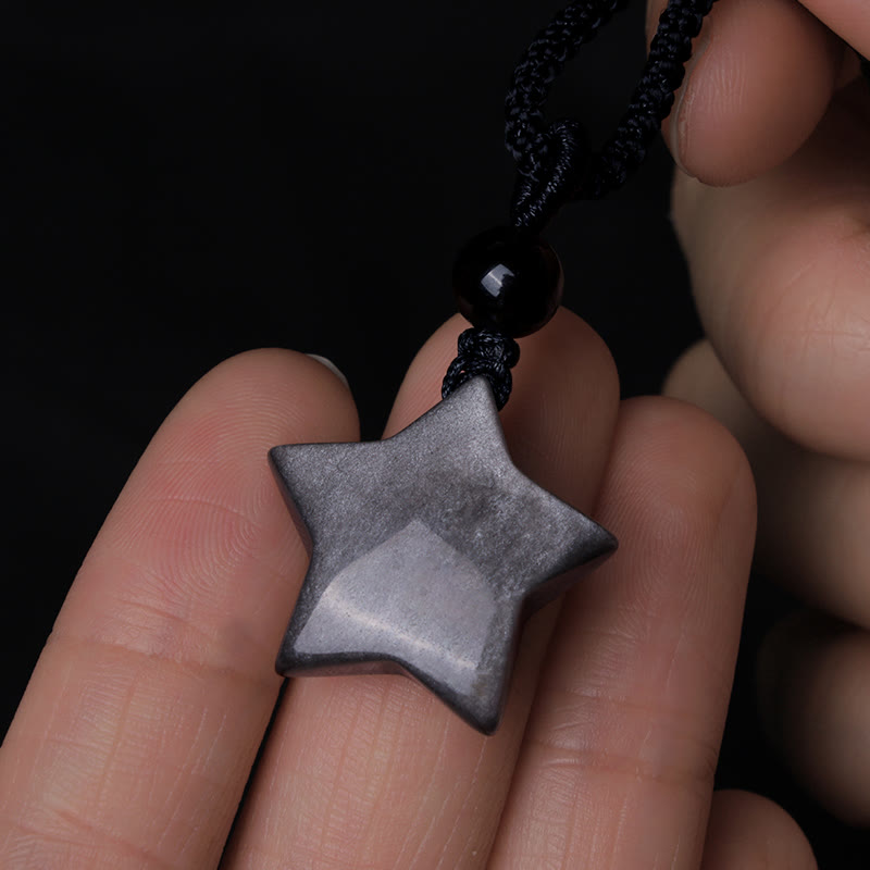 Silver Sheen Obsidian Protection Necklace with Star & Moon