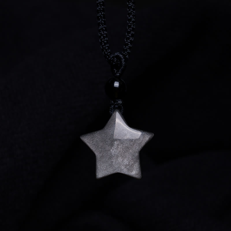 Silver Sheen Obsidian Protection Necklace with Star & Moon