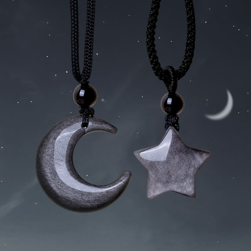 Silver Sheen Obsidian Protection Necklace with Star & Moon