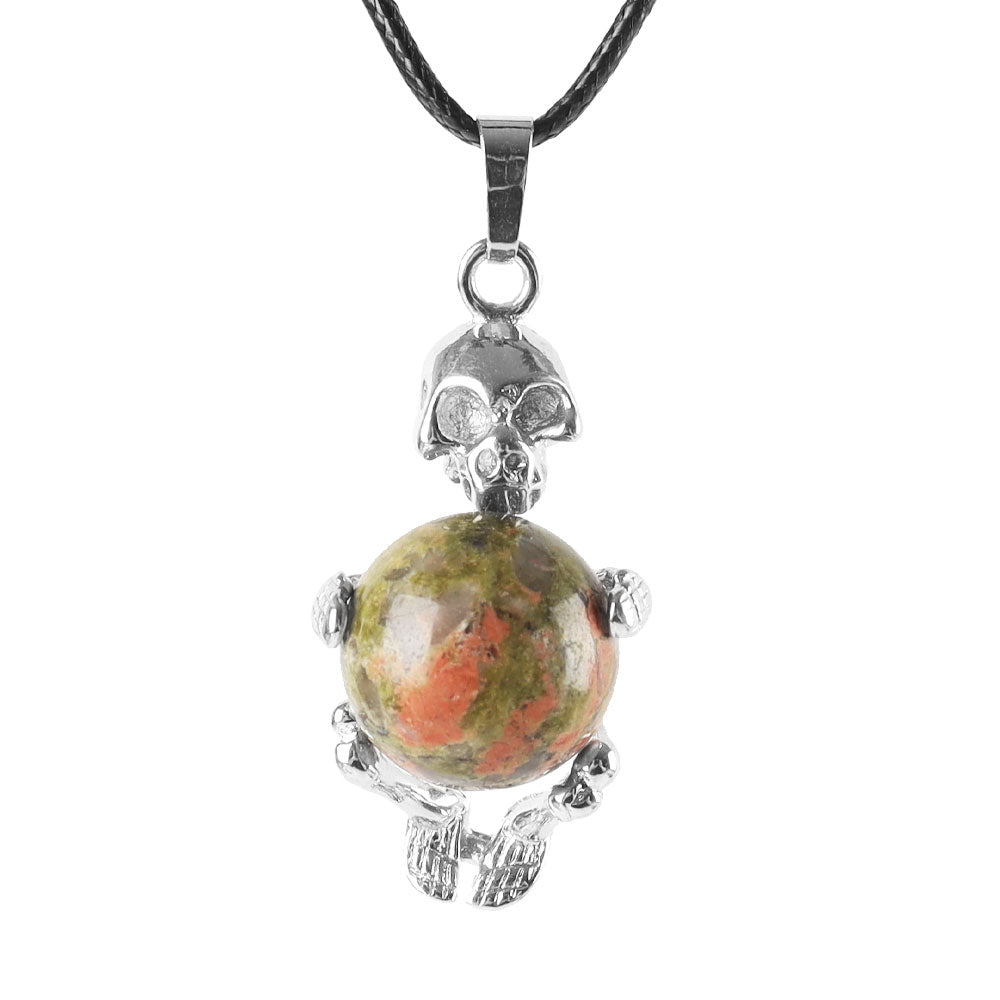 Silver Skeleton Wrapped Gemstone Pendant Spiritual Necklace