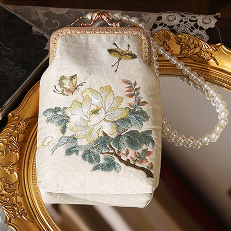 Small Flowers Butterfly Embroidered Pearl Chain Shoulder Bag