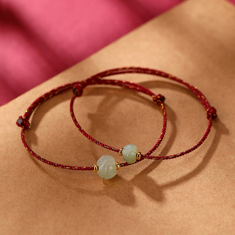 Small Hetian Jade Lotus Luck Red String Bracelet 6x8mm