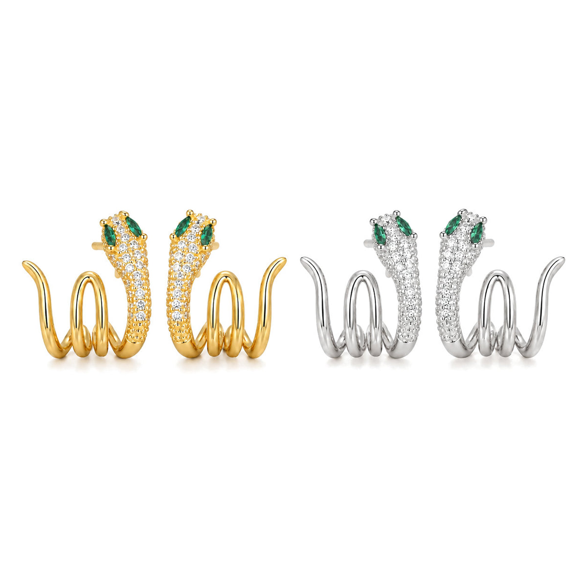 925 Sterling Silver Green-eyed Snake Earrings for Harmony, every variant on a white background
