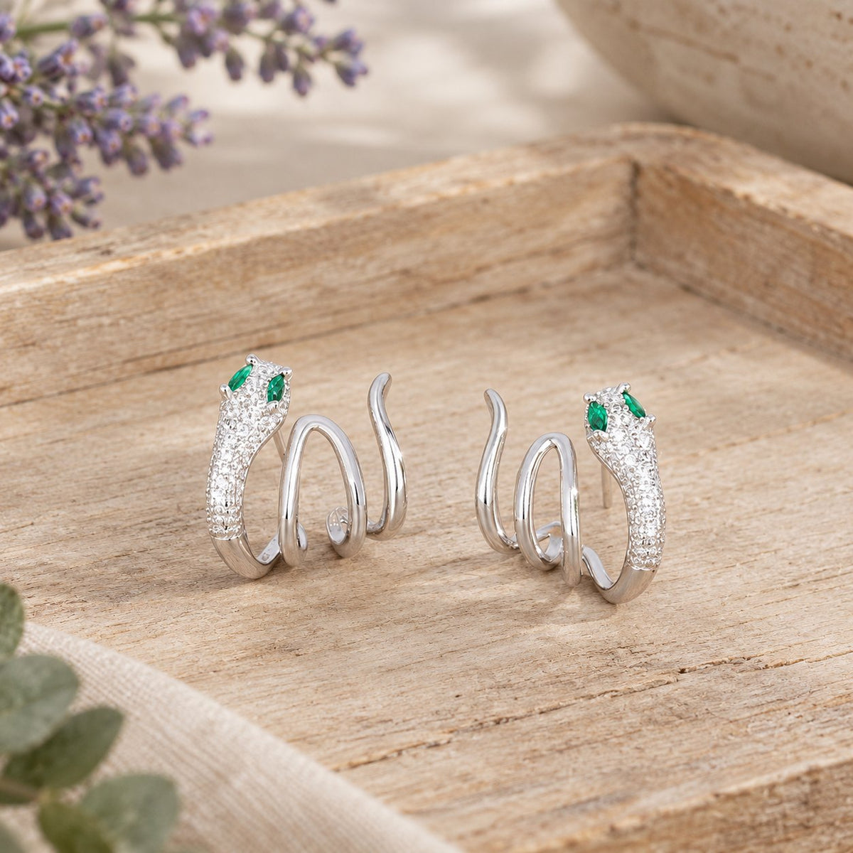 925 Sterling Silver Green-eyed Snake Earrings for Harmony, white gold pair