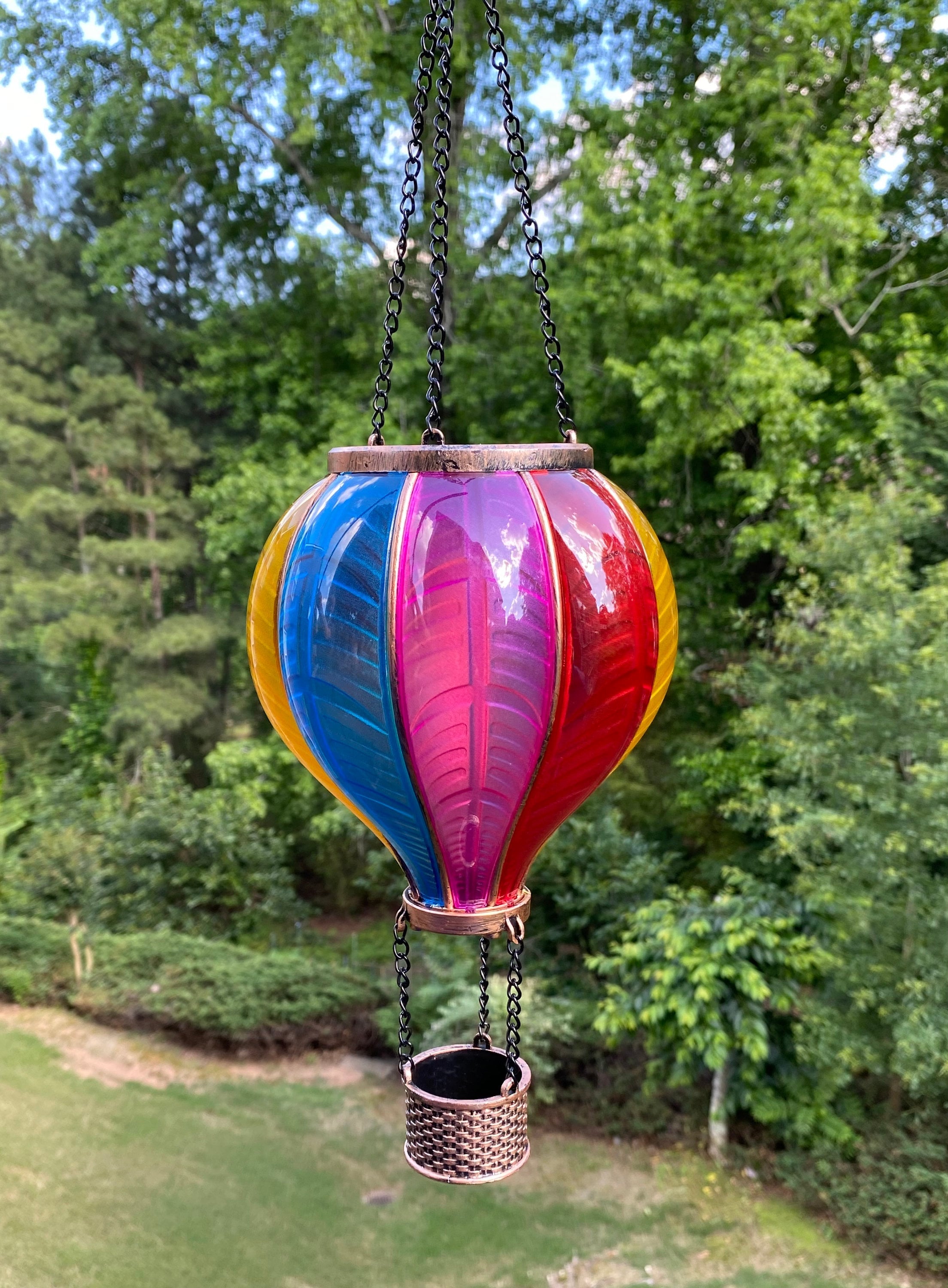 Colorful metal hot air balloon hanging planter with basket for Solar Wind Chime Lantern