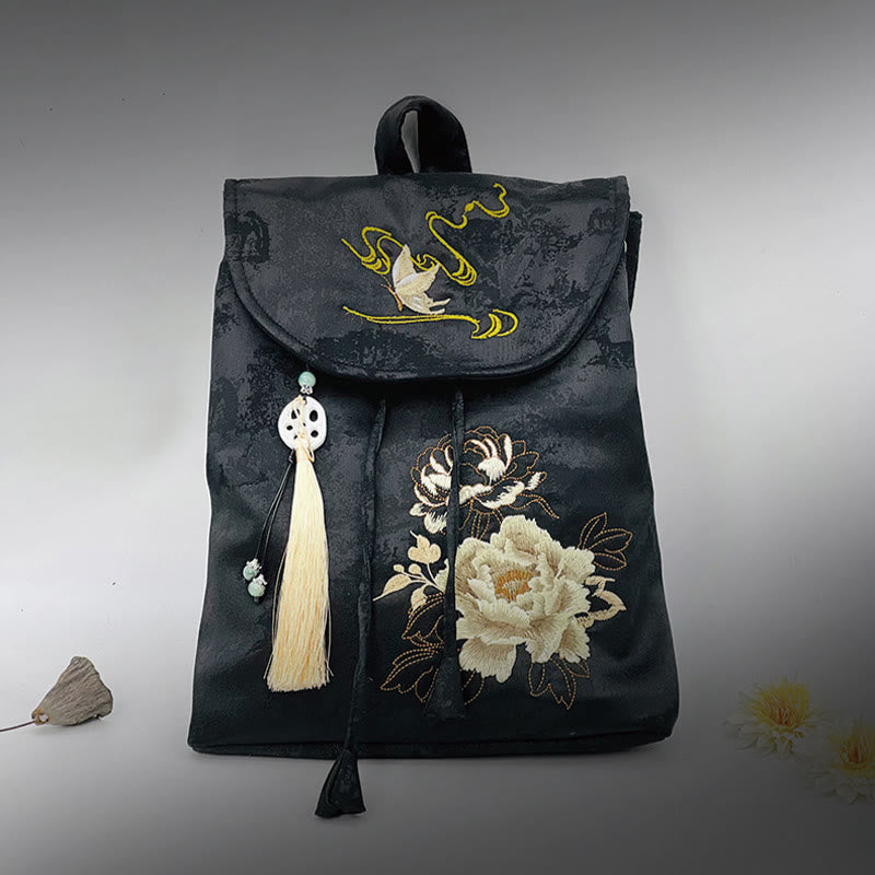 Spacious Black Peony Embroidered Backpack for Meditation Accessories