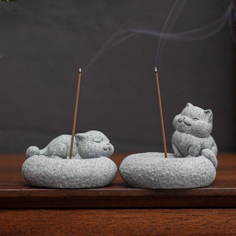 Standing Ceramic Cat Incense Burner 7.6cm for Meditation