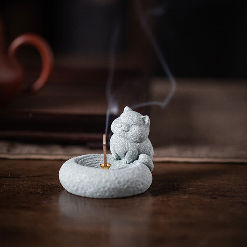 Standing Ceramic Cat Incense Burner 7.6cm for Meditation