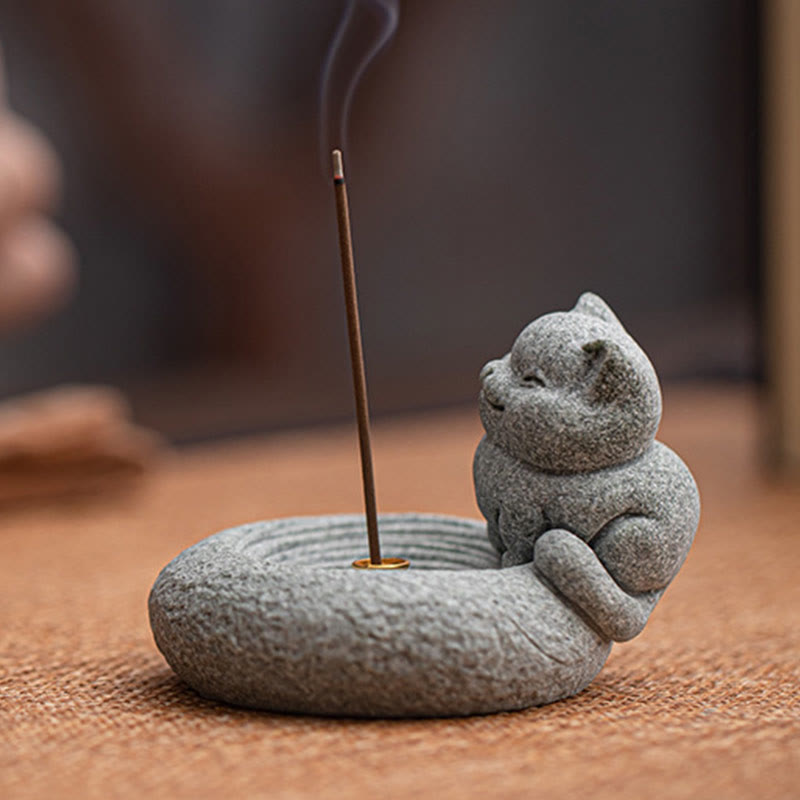 Standing Ceramic Cat Incense Burner 7.6cm for Meditation
