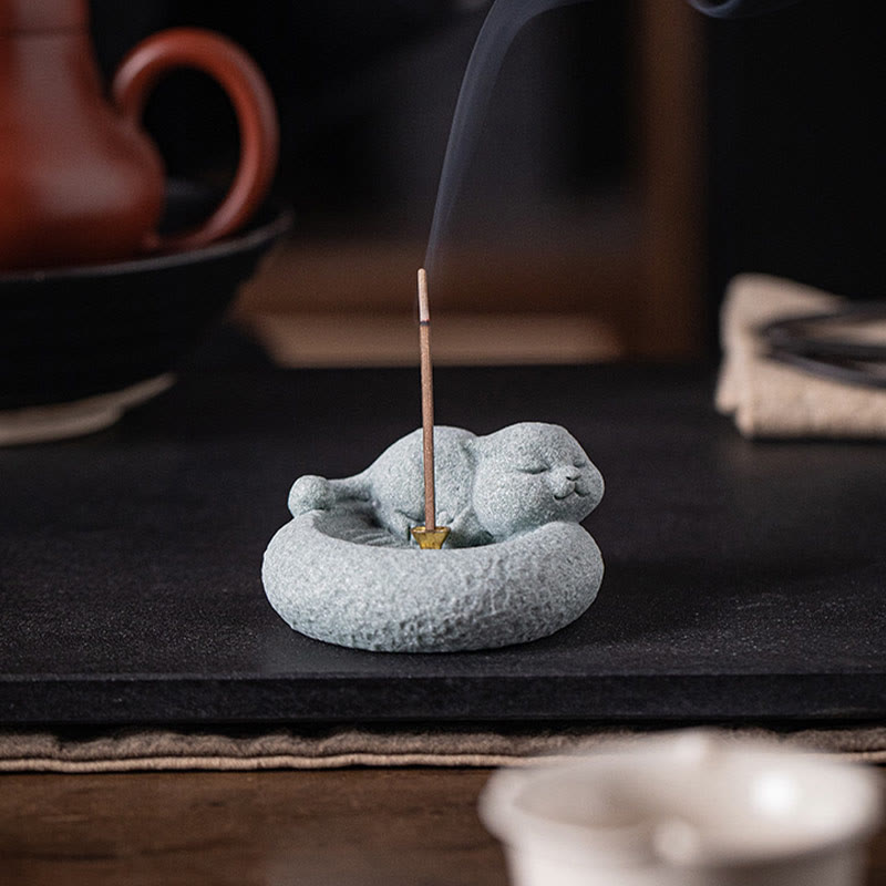 Standing Ceramic Cat Incense Burner 7.6cm for Meditation