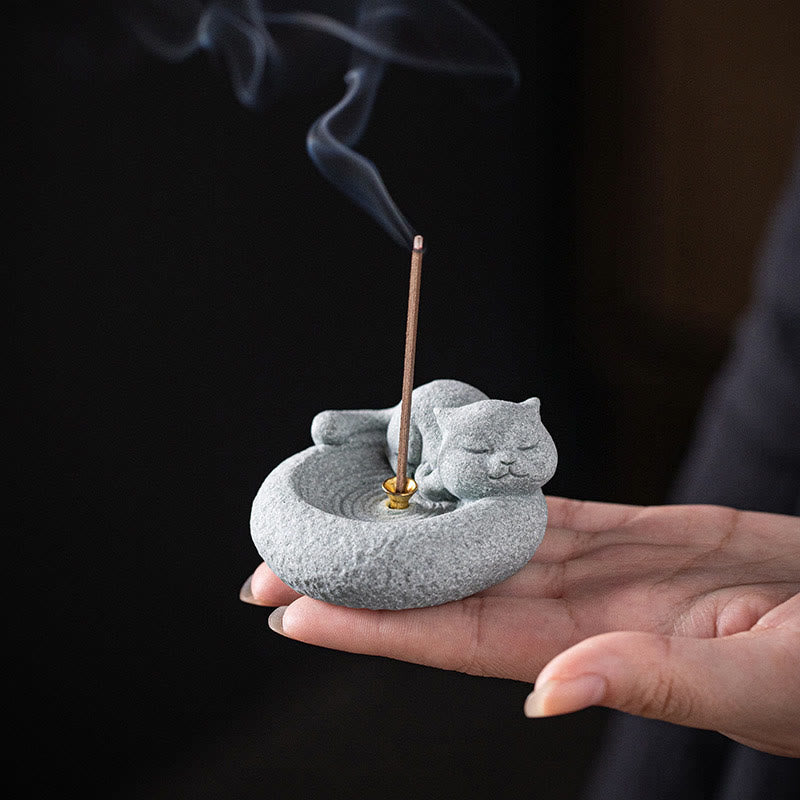Standing Ceramic Cat Incense Burner 7.6cm for Meditation