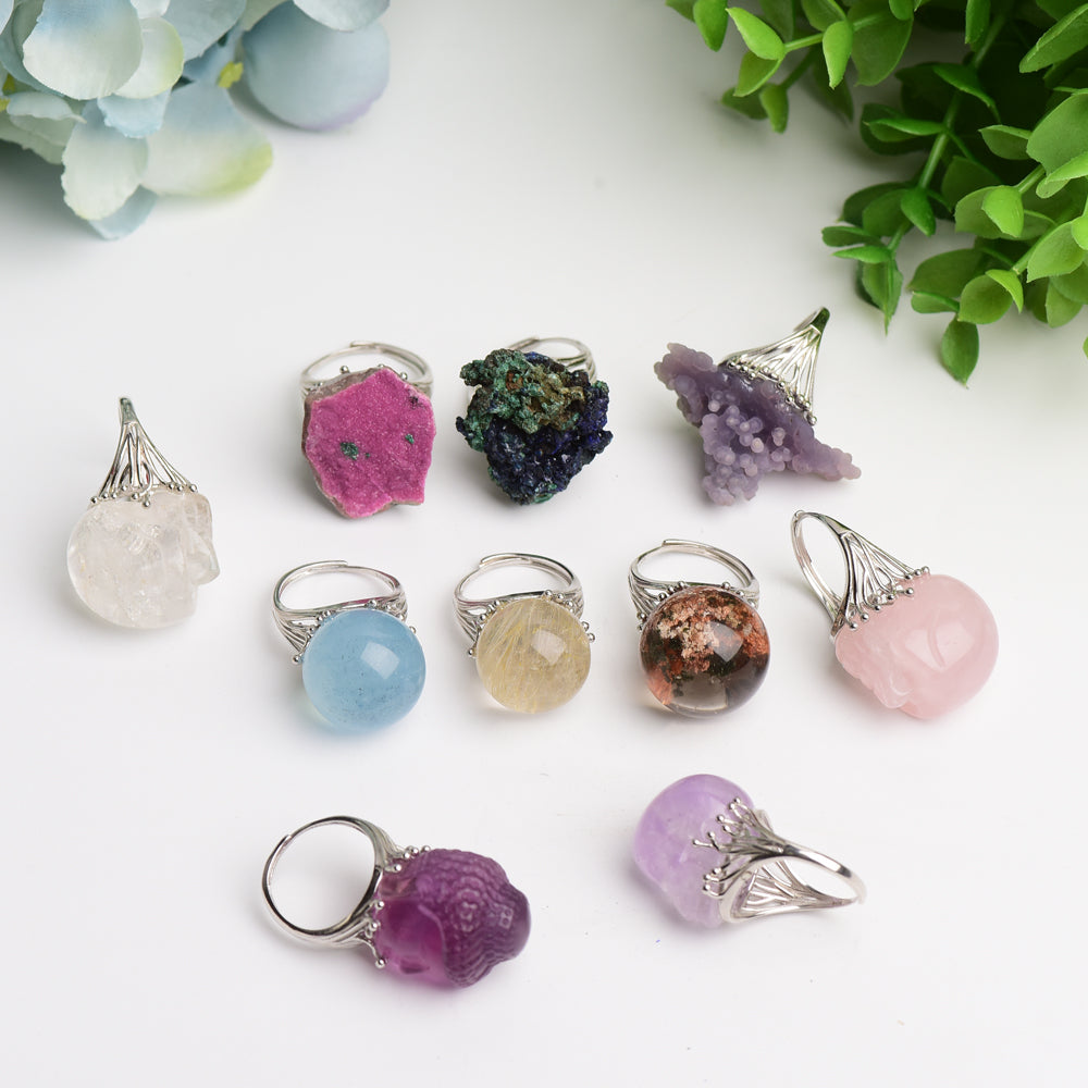 Sterling Silver Crystal Healing Rings with Natural Specimens