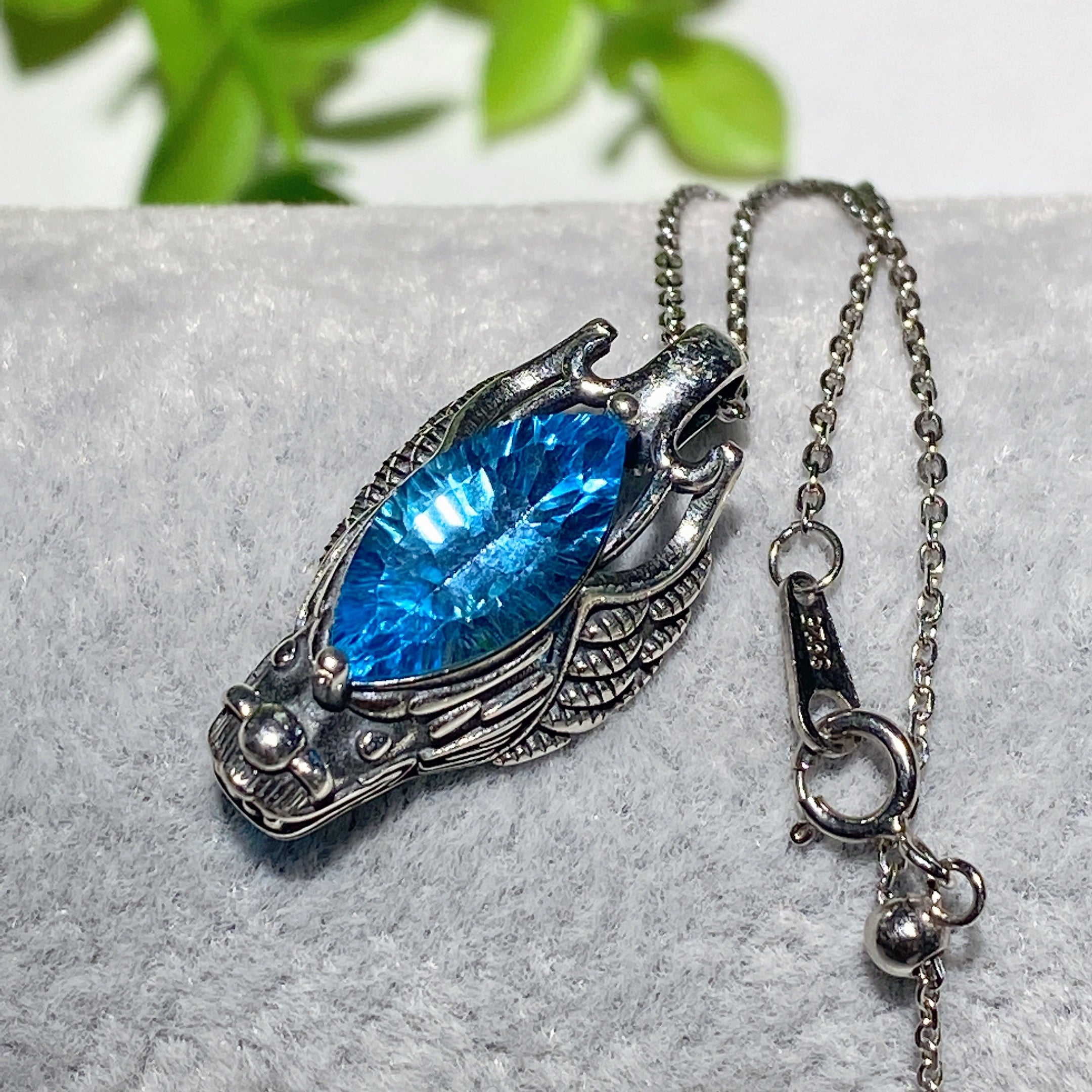 Sterling Silver Dragon Necklace with Blue Topaz or Fire Quartz Crystal