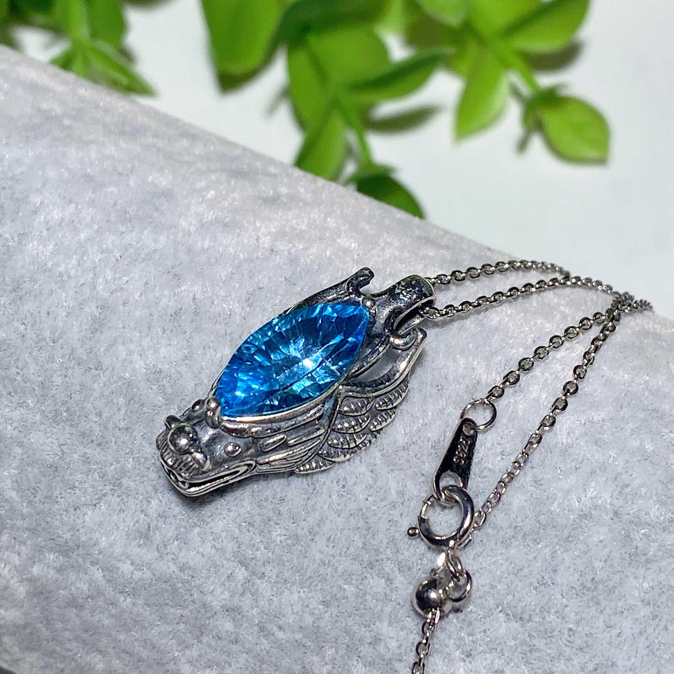 Sterling Silver Dragon Necklace with Blue Topaz or Fire Quartz Crystal