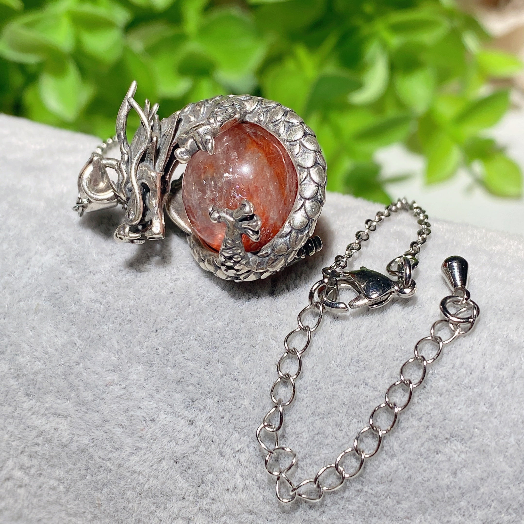 Sterling Silver Dragon Necklace with Blue Topaz or Fire Quartz Crystal