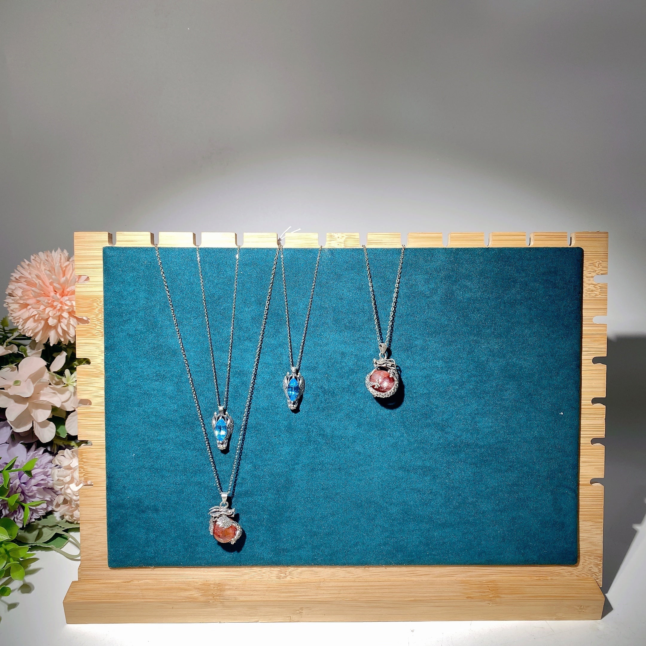 Sterling Silver Dragon Necklace with Blue Topaz or Fire Quartz Crystal