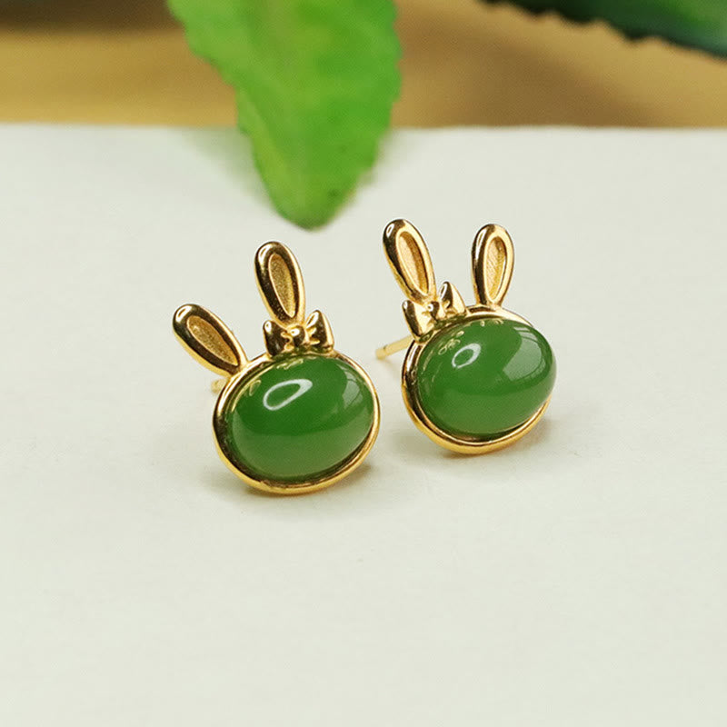 Sterling Silver Hetian Cyan Jade Luck Rabbit Stud Earrings