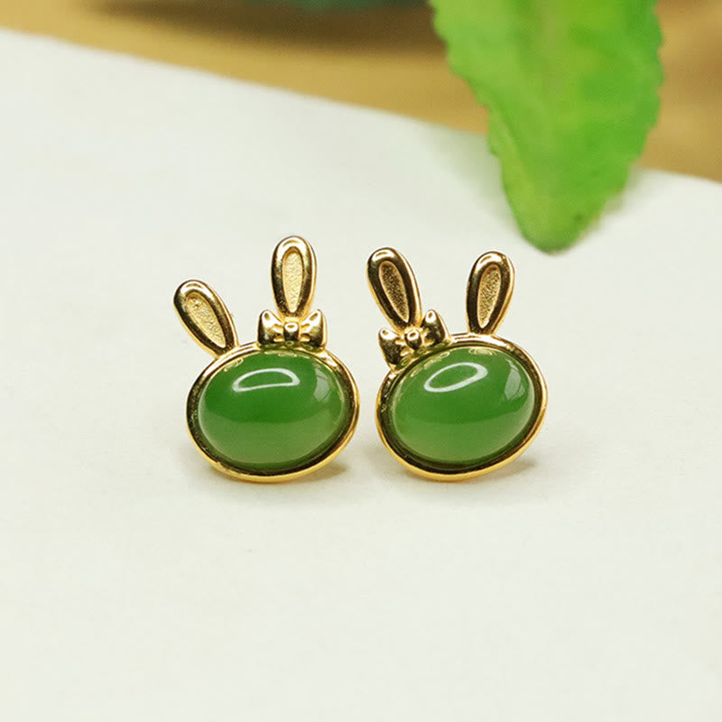 Sterling Silver Hetian Cyan Jade Luck Rabbit Stud Earrings