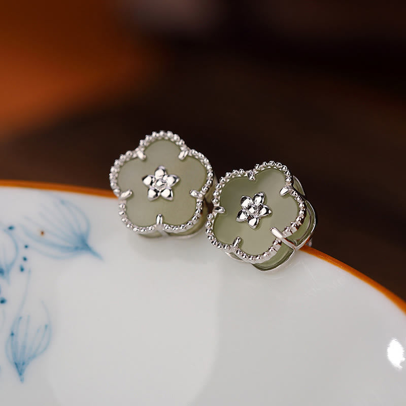 Sterling Silver Hetian Jade Plum Flower Luck Stud Earrings