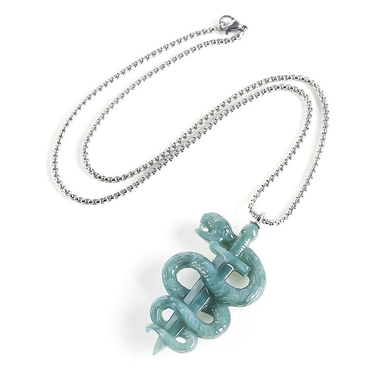 Sterling Silver Jade Snake Sword Necklace for Luck & Protection