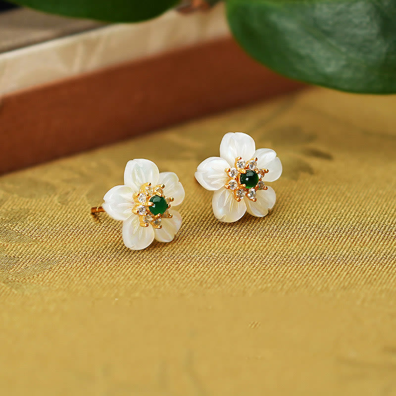 Sterling Silver Jade & Tridacna Flower Earrings