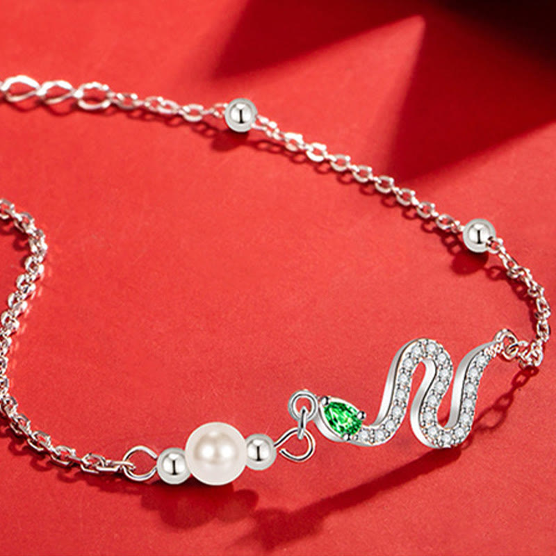 Sterling Silver Snake Pearl Lucky Bracelet