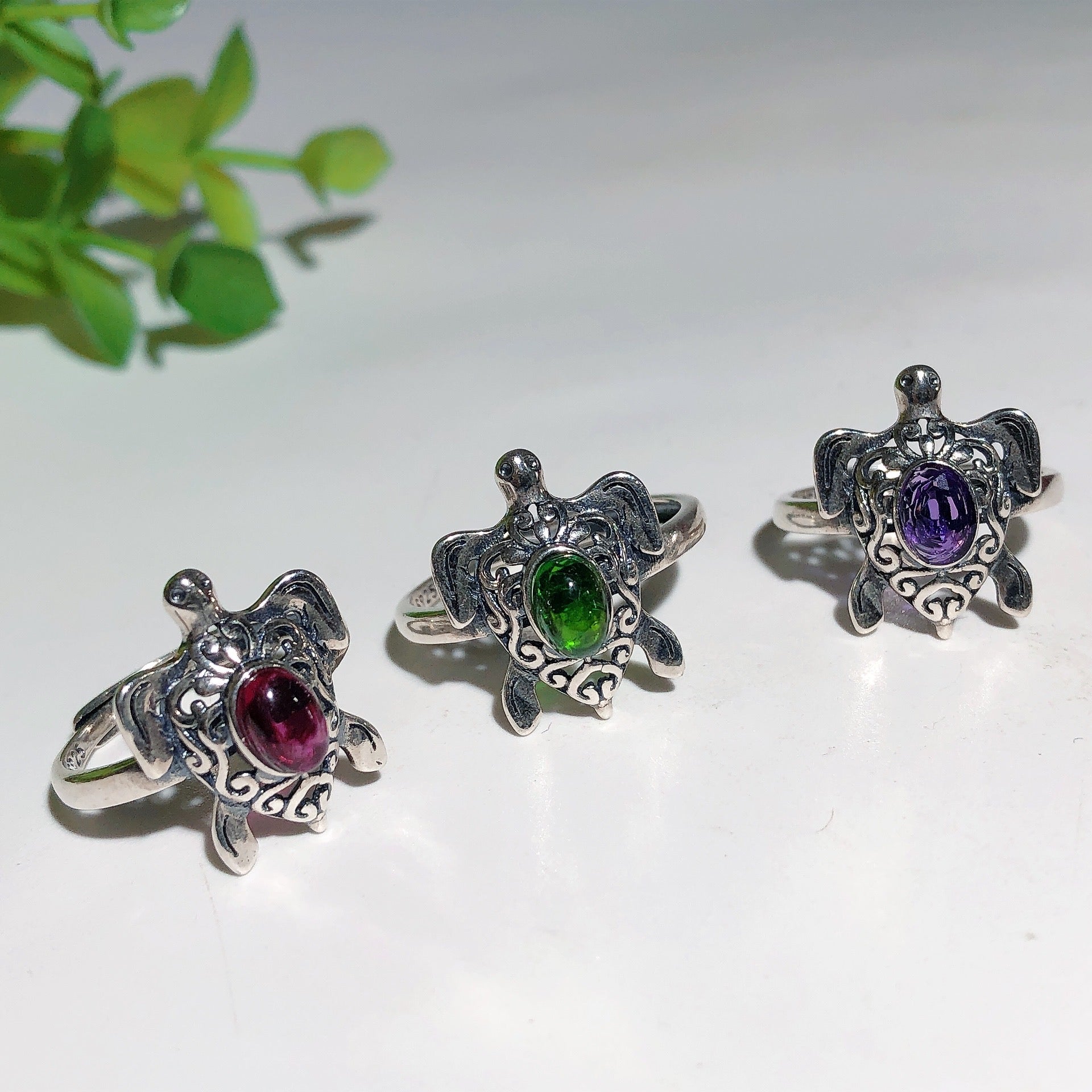 Sterling Silver Turtle Ring with Healing Crystal Stones