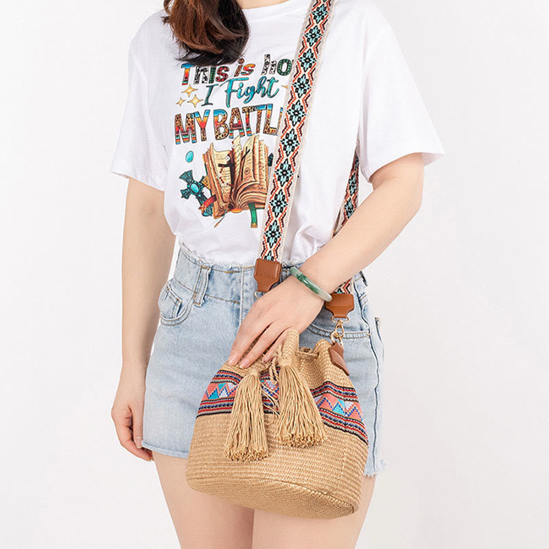Straw Woven Geometric Bucket Bag with Tassels for Beach