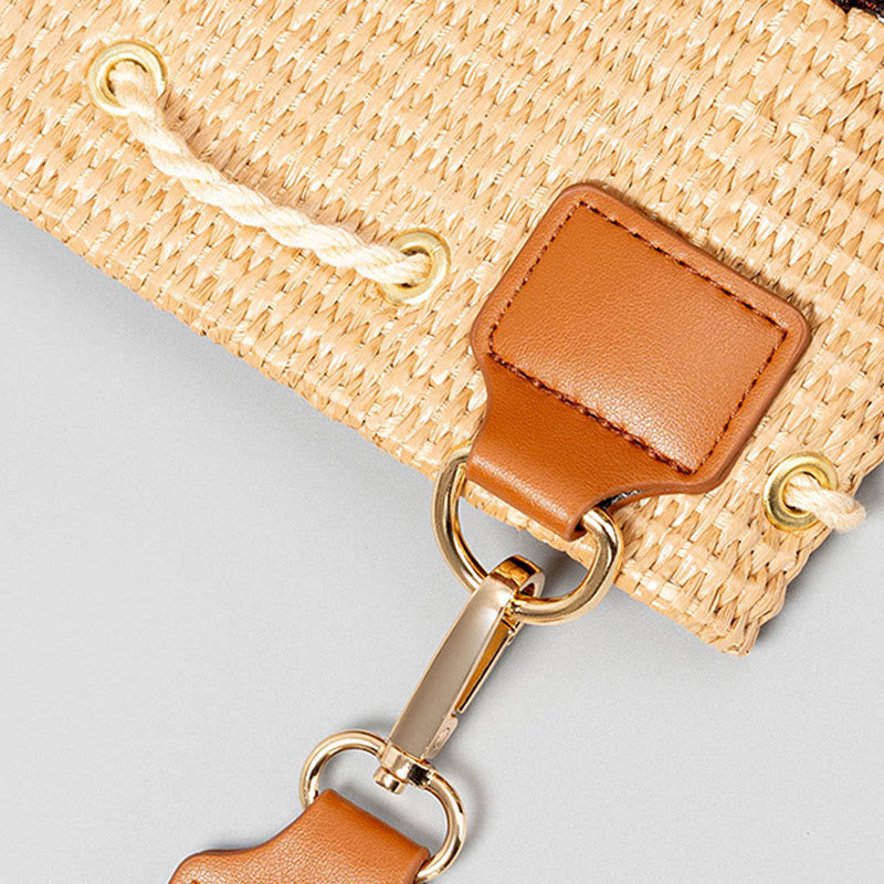 Straw Woven Geometric Bucket Bag with Tassels for Beach