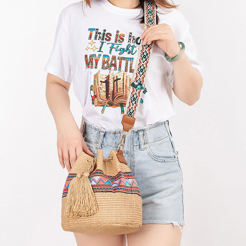 Straw Woven Geometric Bucket Bag with Tassels for Beach