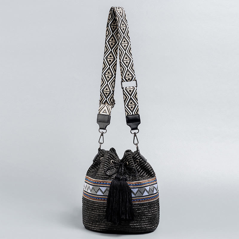 Straw Woven Geometric Bucket Bag with Tassels for Beach