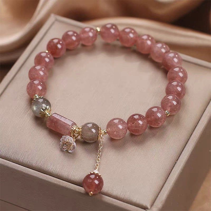 Strawberry Quartz Charm Bracelet with Zircon Flower for Love