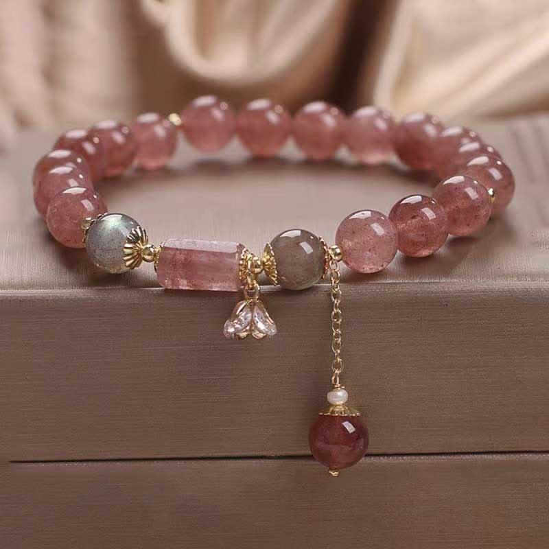 Strawberry Quartz Charm Bracelet with Zircon Flower for Love