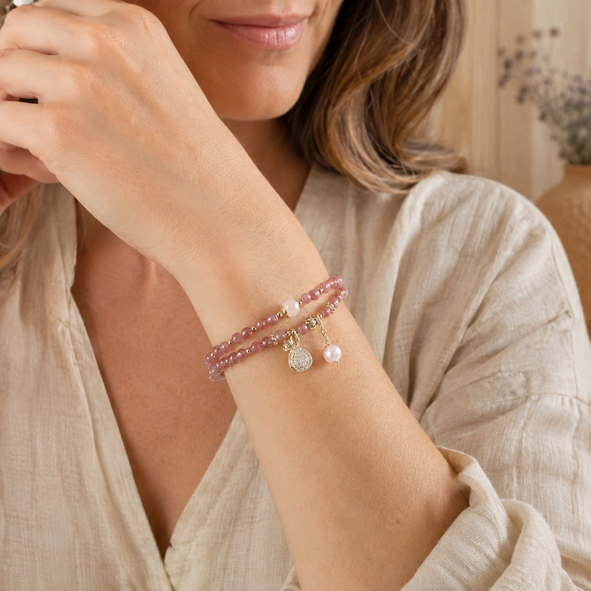 Double Wrap Strawberry Quartz Love Healing Bracelet, bracelet worn on a wrist