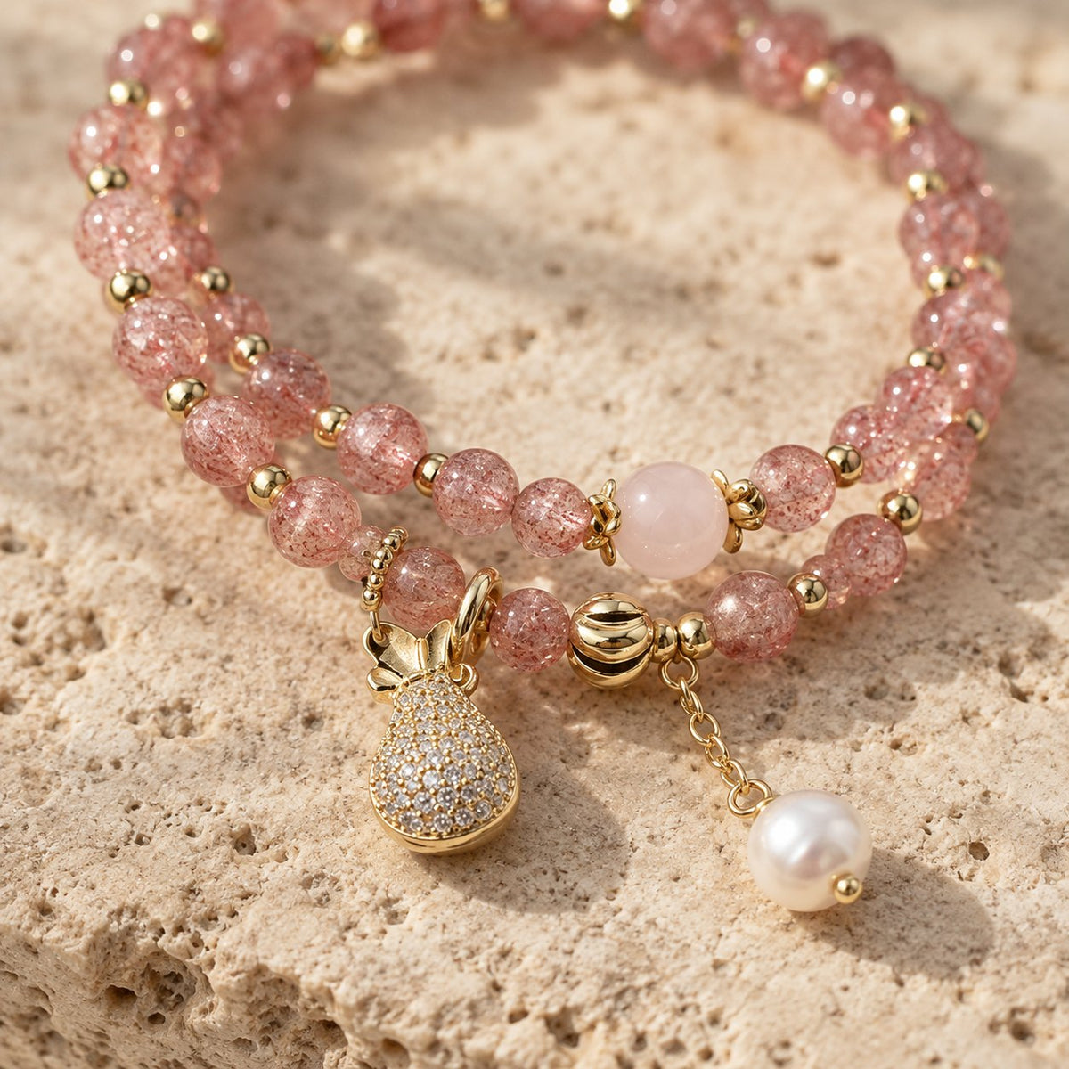 Double Wrap Strawberry Quartz Love Healing Bracelet, close-up of the material and finish