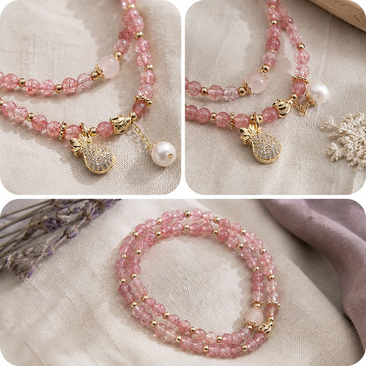 Double Wrap Strawberry Quartz Love Healing Bracelet, collage of three close-ups