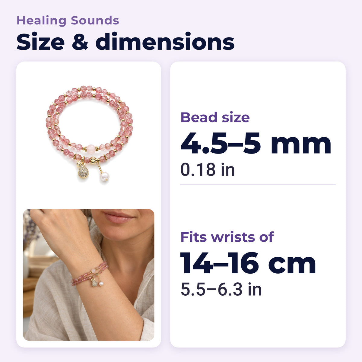 Double Wrap Strawberry Quartz Love Healing Bracelet, size and dimensions in millimetres and inches
