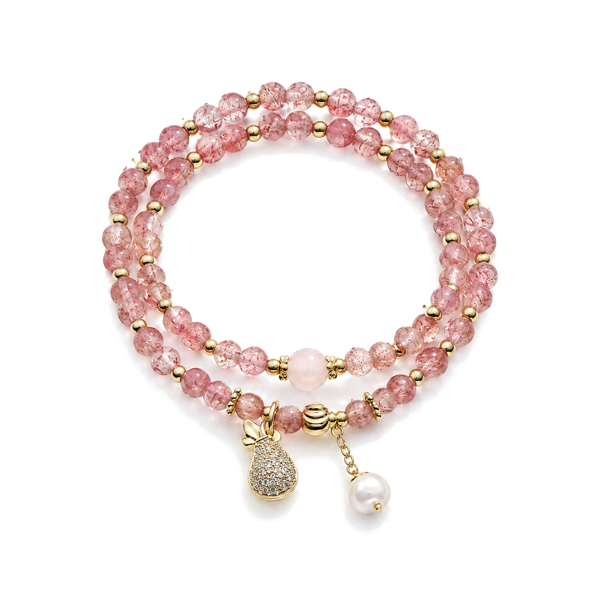 Double Wrap Strawberry Quartz Love Healing Bracelet, Strawberry Quartz, on a white background