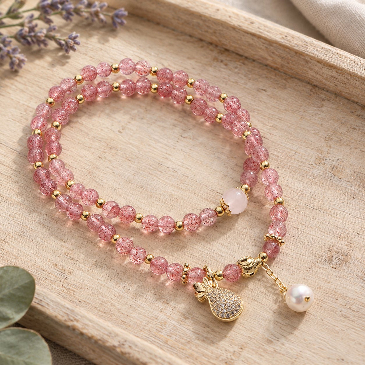 Double Wrap Strawberry Quartz Love Healing Bracelet, view