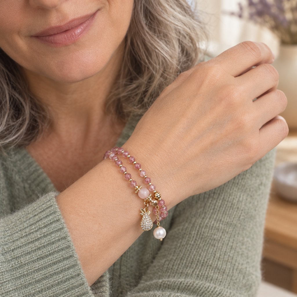 Double Wrap Strawberry Quartz Love Healing Bracelet, worn by a woman