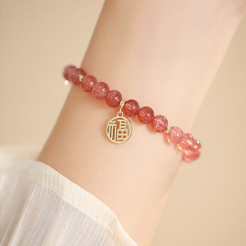 Strawberry Quartz Fu Character Healing Charm Bracelet
