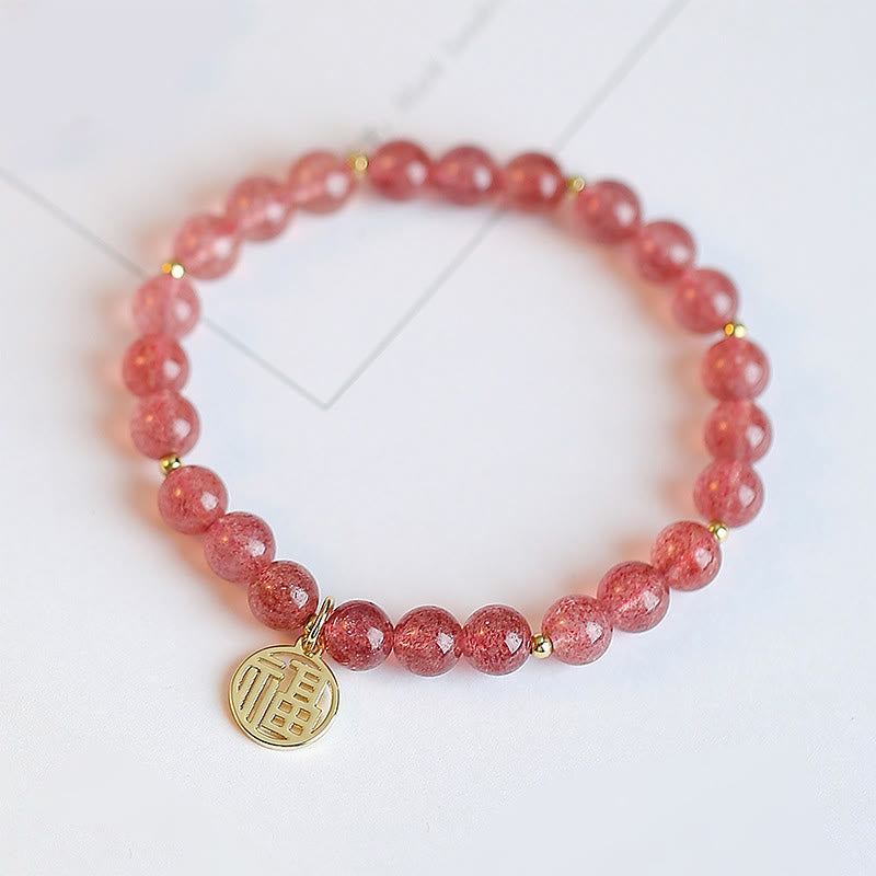 Strawberry Quartz Fu Character Healing Charm Bracelet