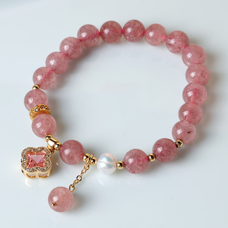 Strawberry Quartz Healing Bracelet with Pearl Clover Charm