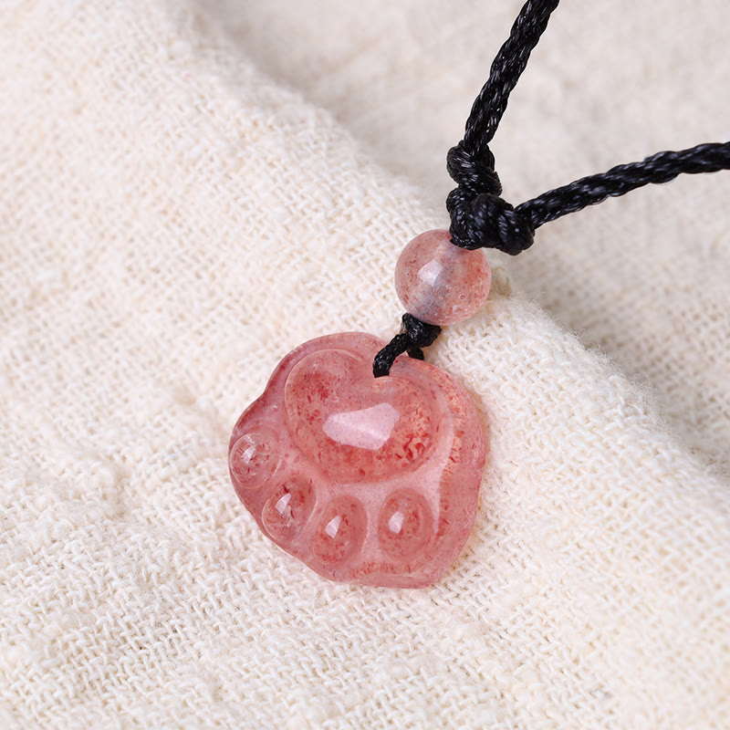 Strawberry Quartz Love Healing Cat Paw Pendant Necklace