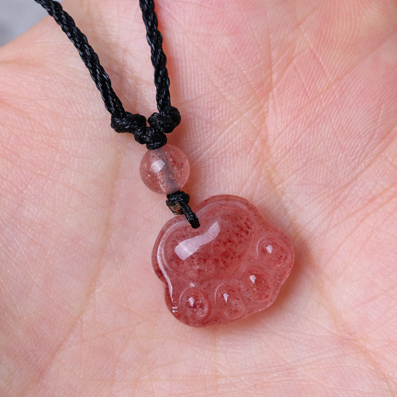 Strawberry Quartz Love Healing Cat Paw Pendant Necklace