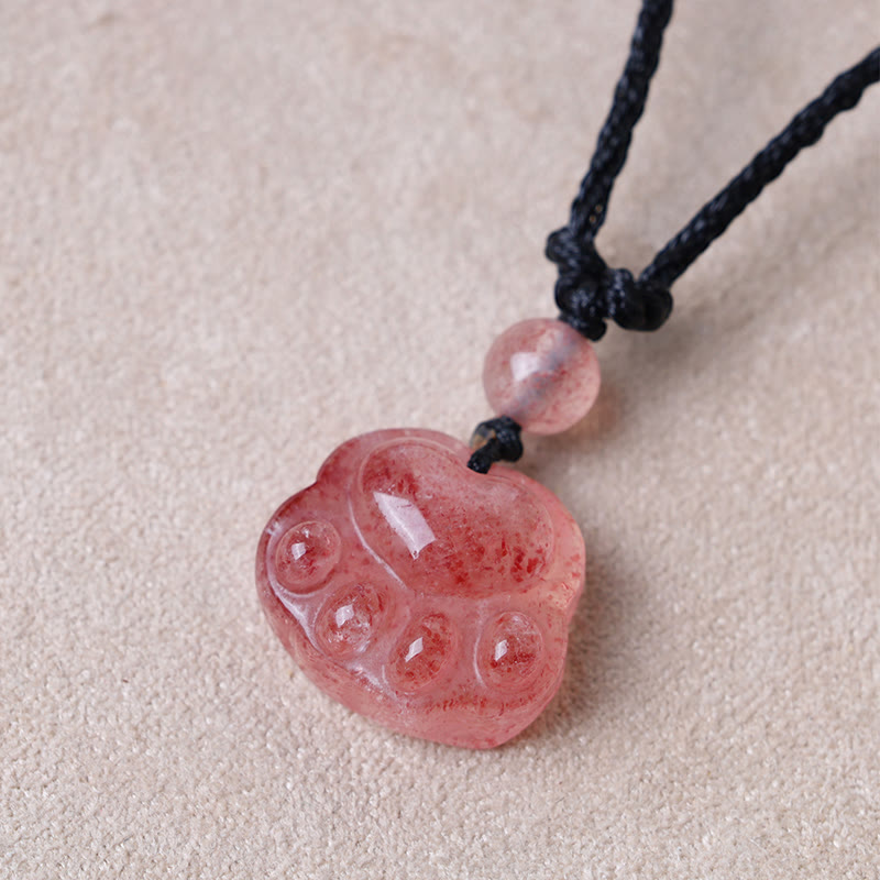 Strawberry Quartz Love Healing Cat Paw Pendant Necklace