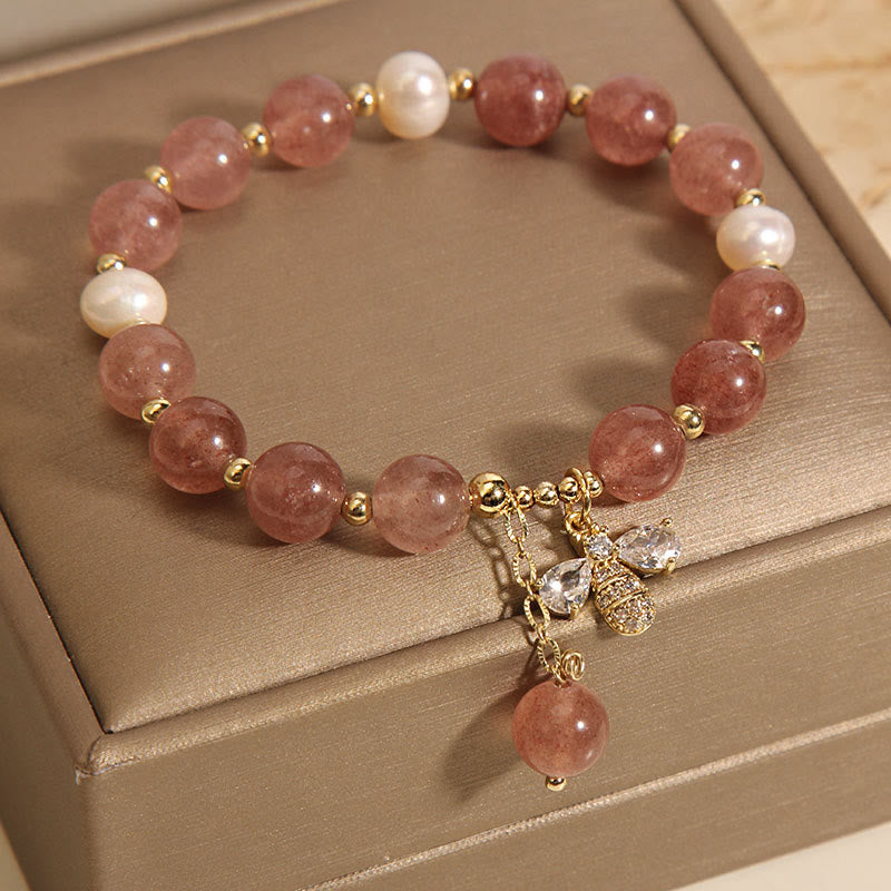 Strawberry Quartz Pearl Positive Energy Charm Bracelet