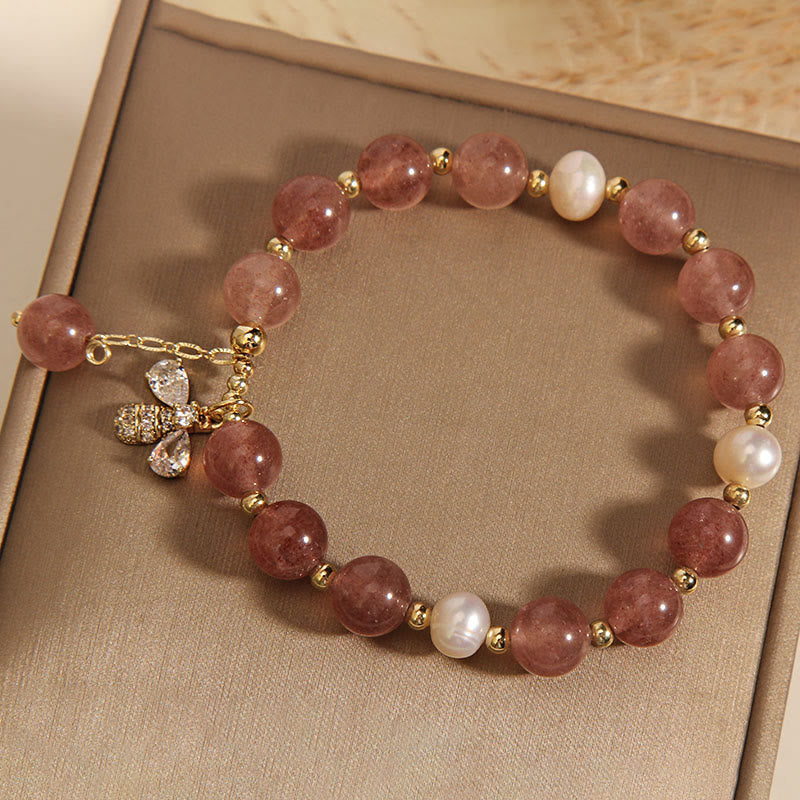 Strawberry Quartz Pearl Positive Energy Charm Bracelet